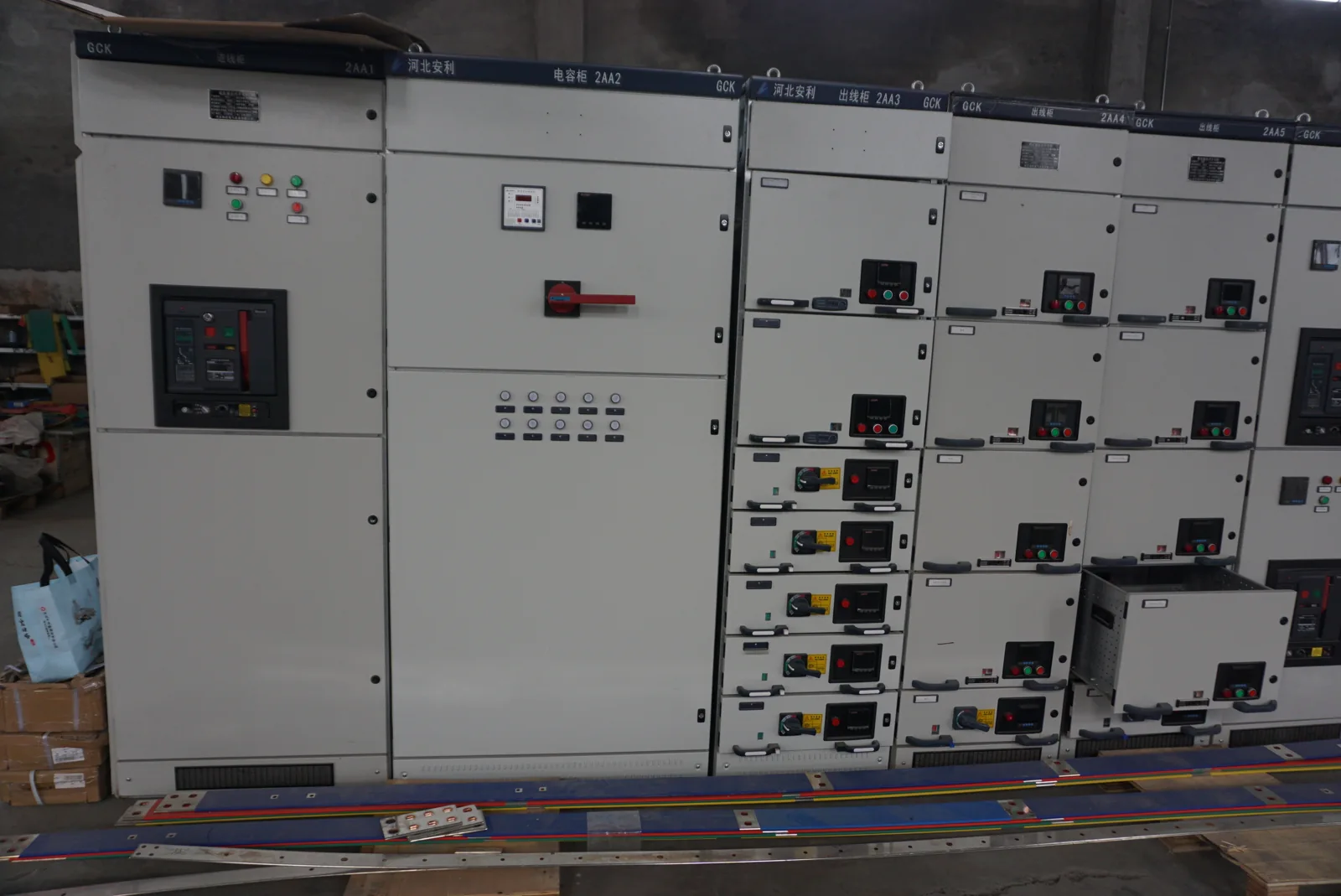 Lineup of electrical cabinets with separate front access doors