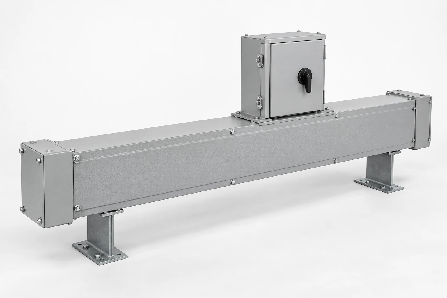 Enclosed metal busway section with a tap-off box and mounting supports