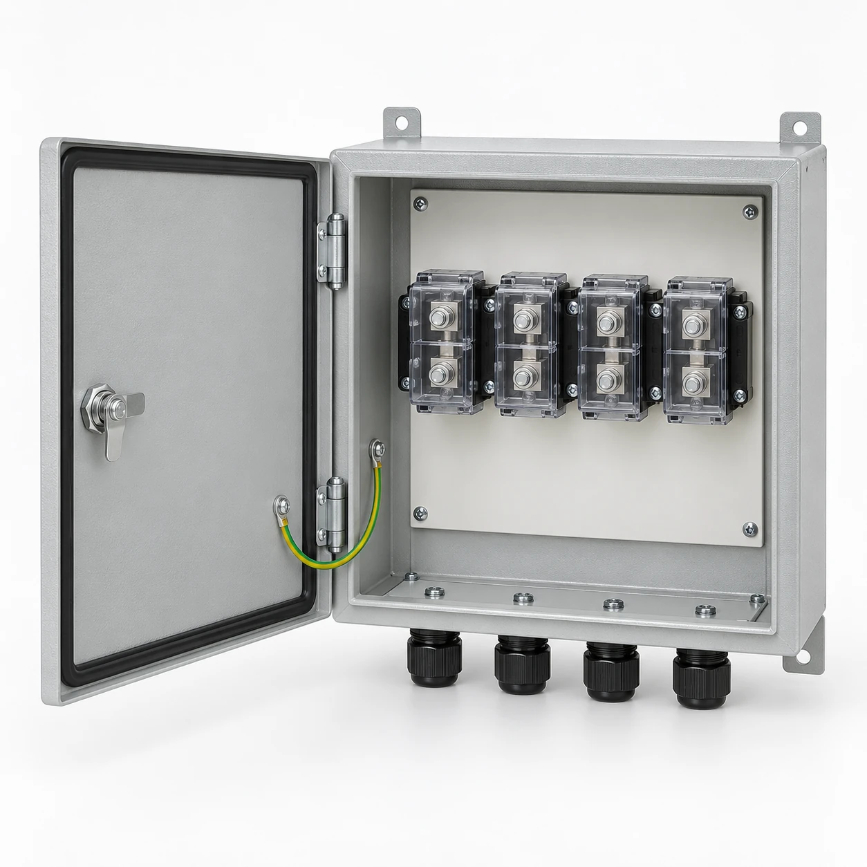 Open metal cable branch enclosure with covered distribution terminals and cable glands