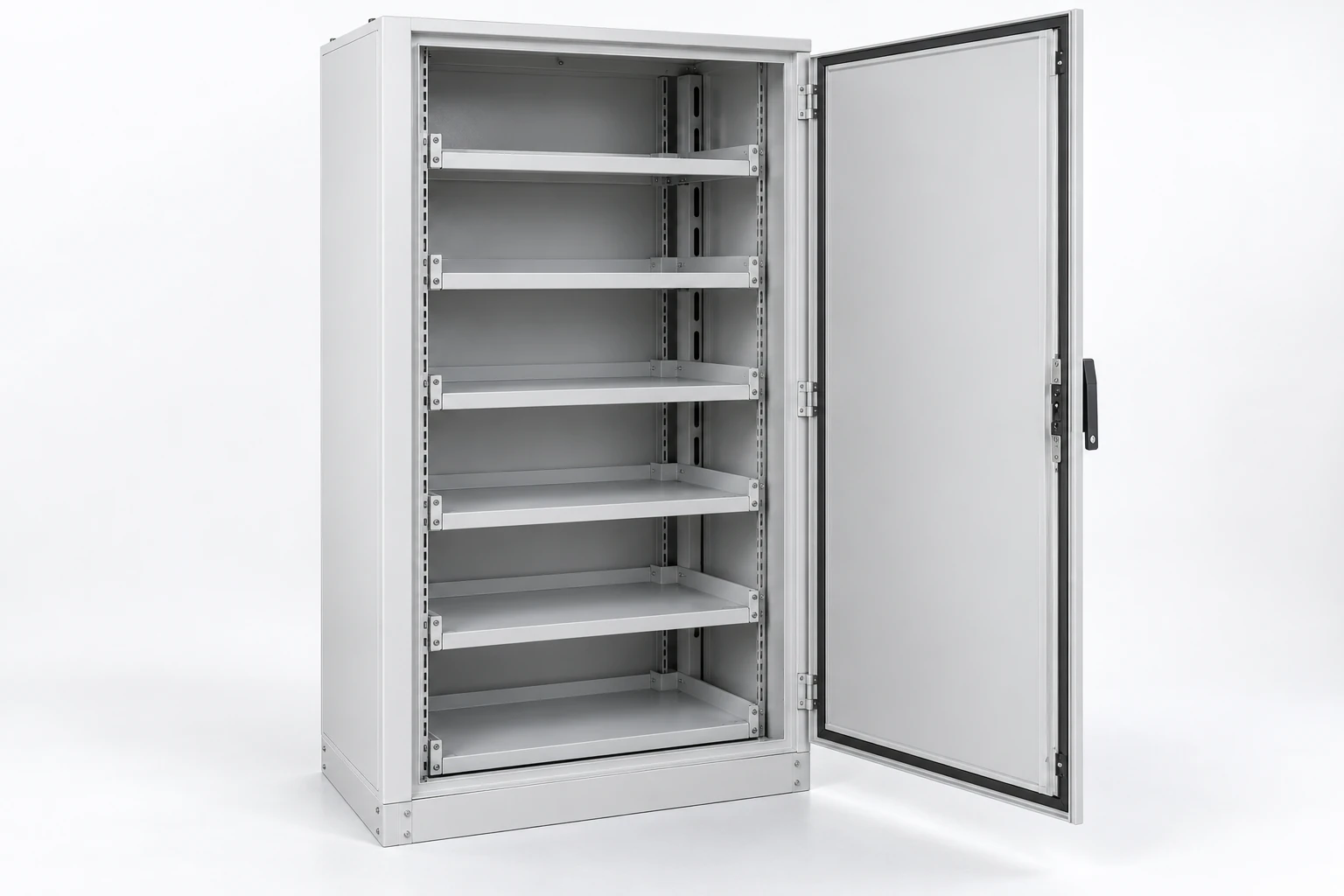 Empty battery-module cabinet with six support shelves and a rear cable route