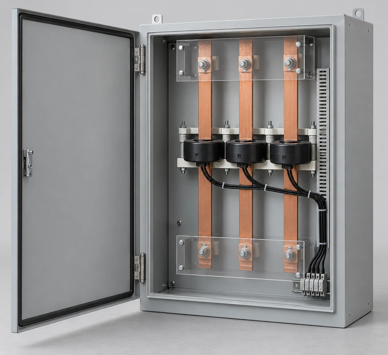 Open CT metering cabinet with three ring current transformers and guarded conductor paths