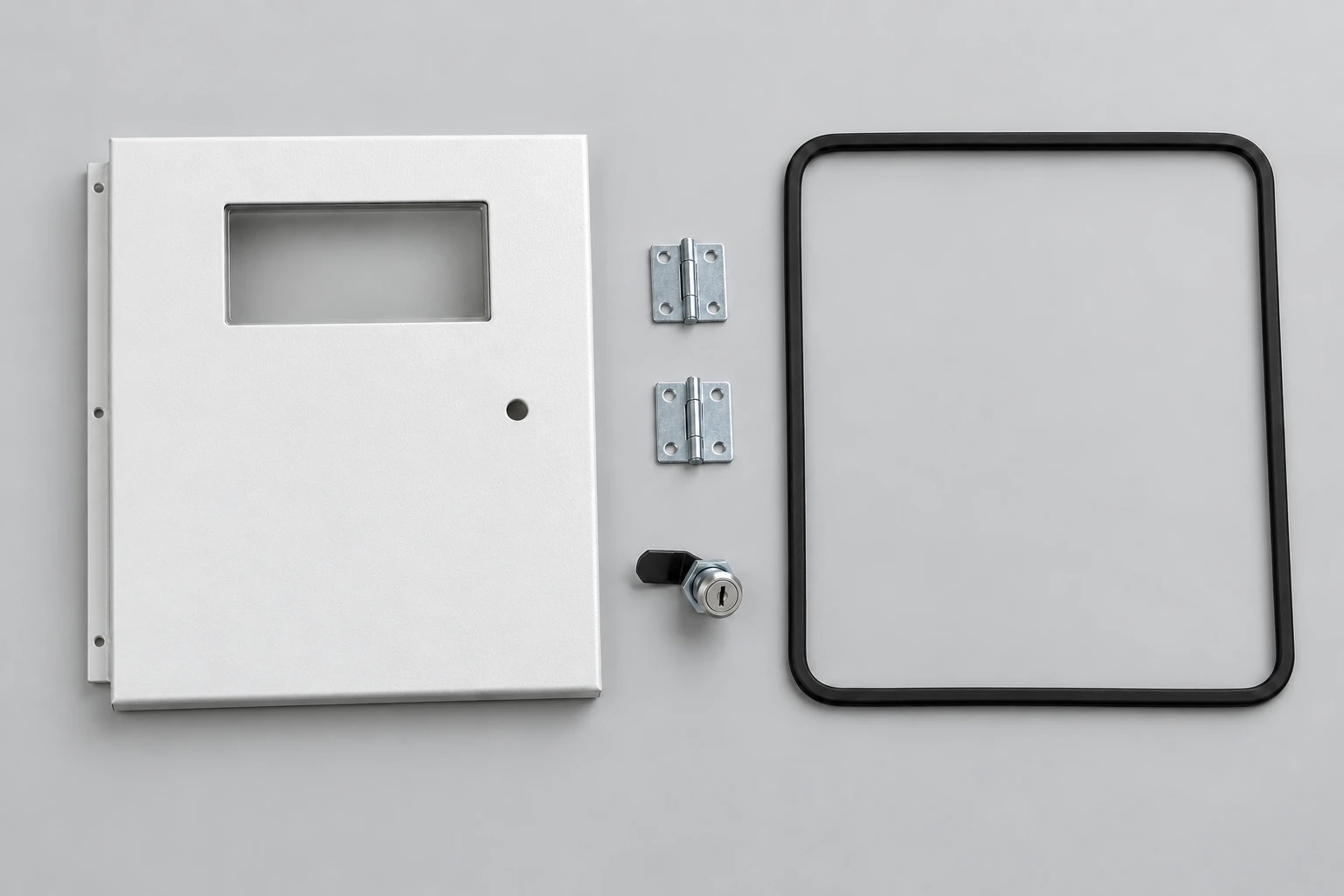 Meter enclosure door with a viewing window alongside hinges, a lock and a gasket