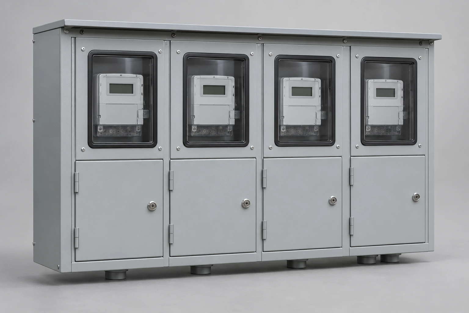 Four-position meter bank with separate windows and lower access compartments