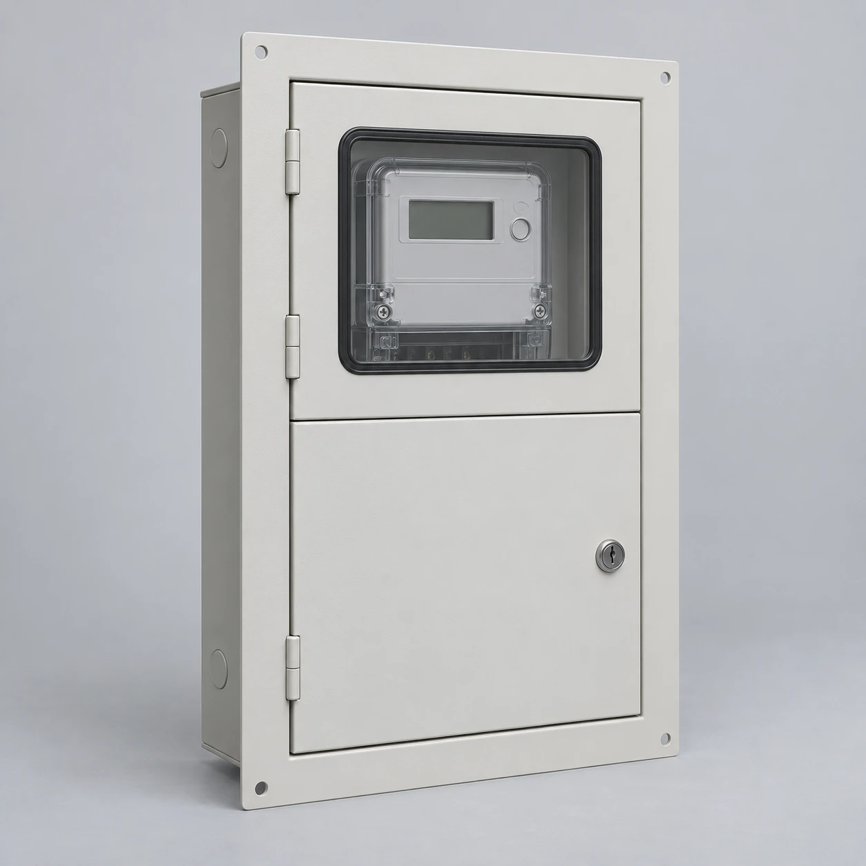 Recessed meter box with a wide wall-mounting flange and separate lower access door