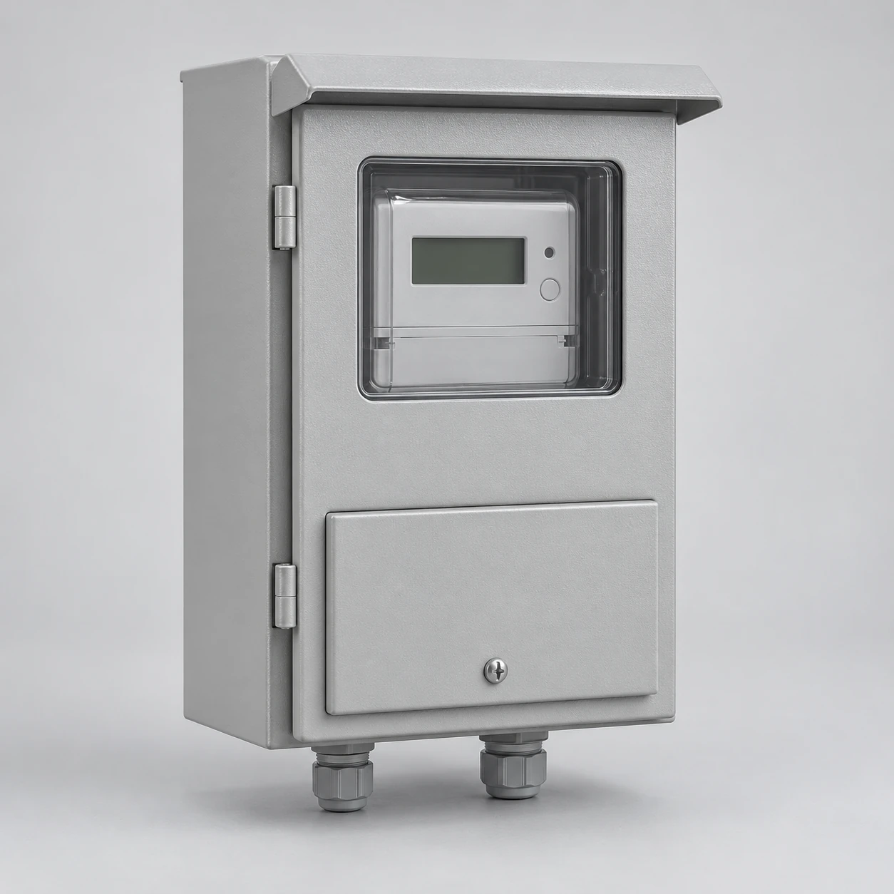 Wall-mounted meter enclosure with a viewing window and separate terminal compartment