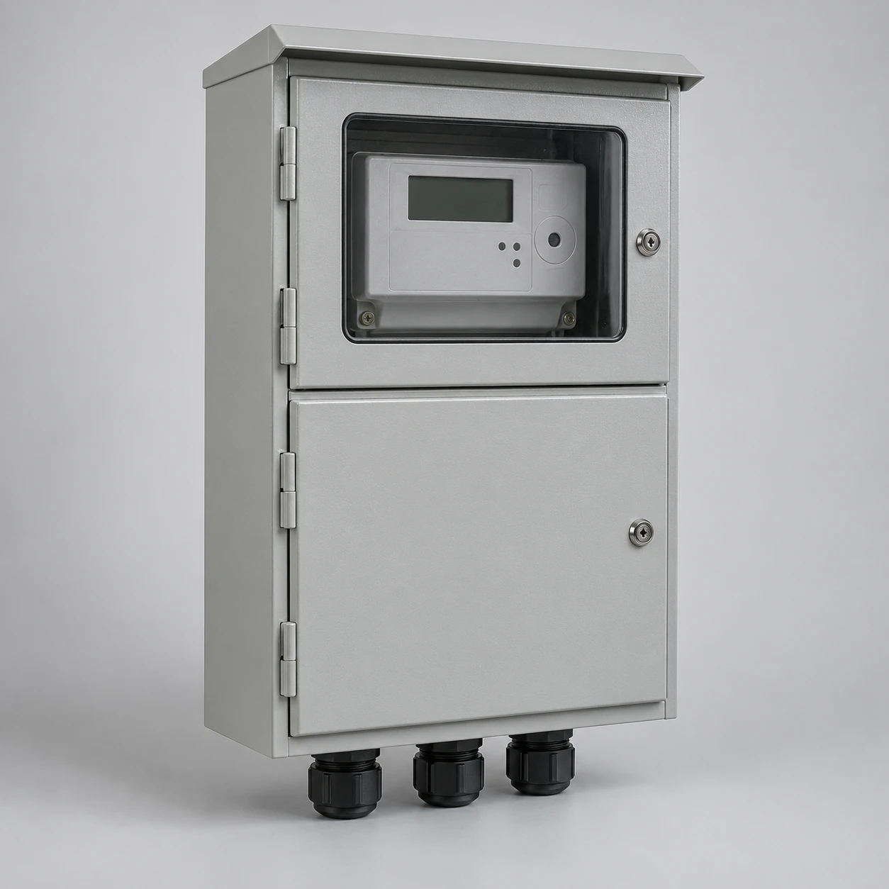Three-phase meter enclosure with an upper viewing window and lower service compartment