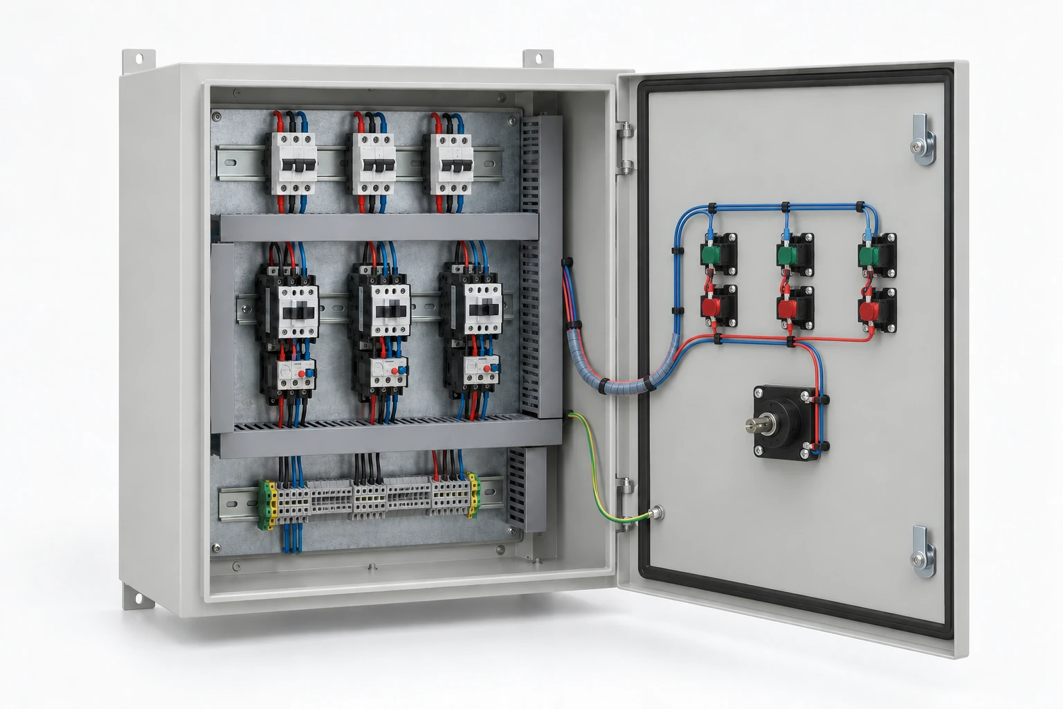Open motor-control cabinet with contactor groups, overload devices and terminal rows