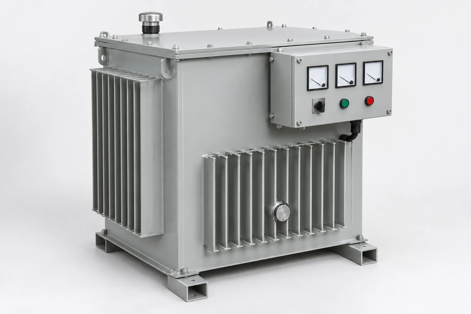 Illustrative oil-immersed stabilizer enclosure with cooling fins and a control compartment