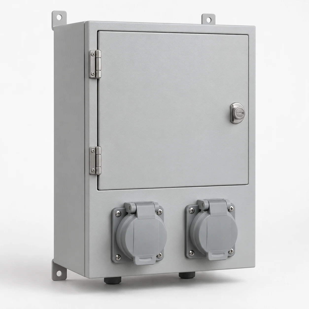 Small metal outlet-interface panel with covered industrial receptacles