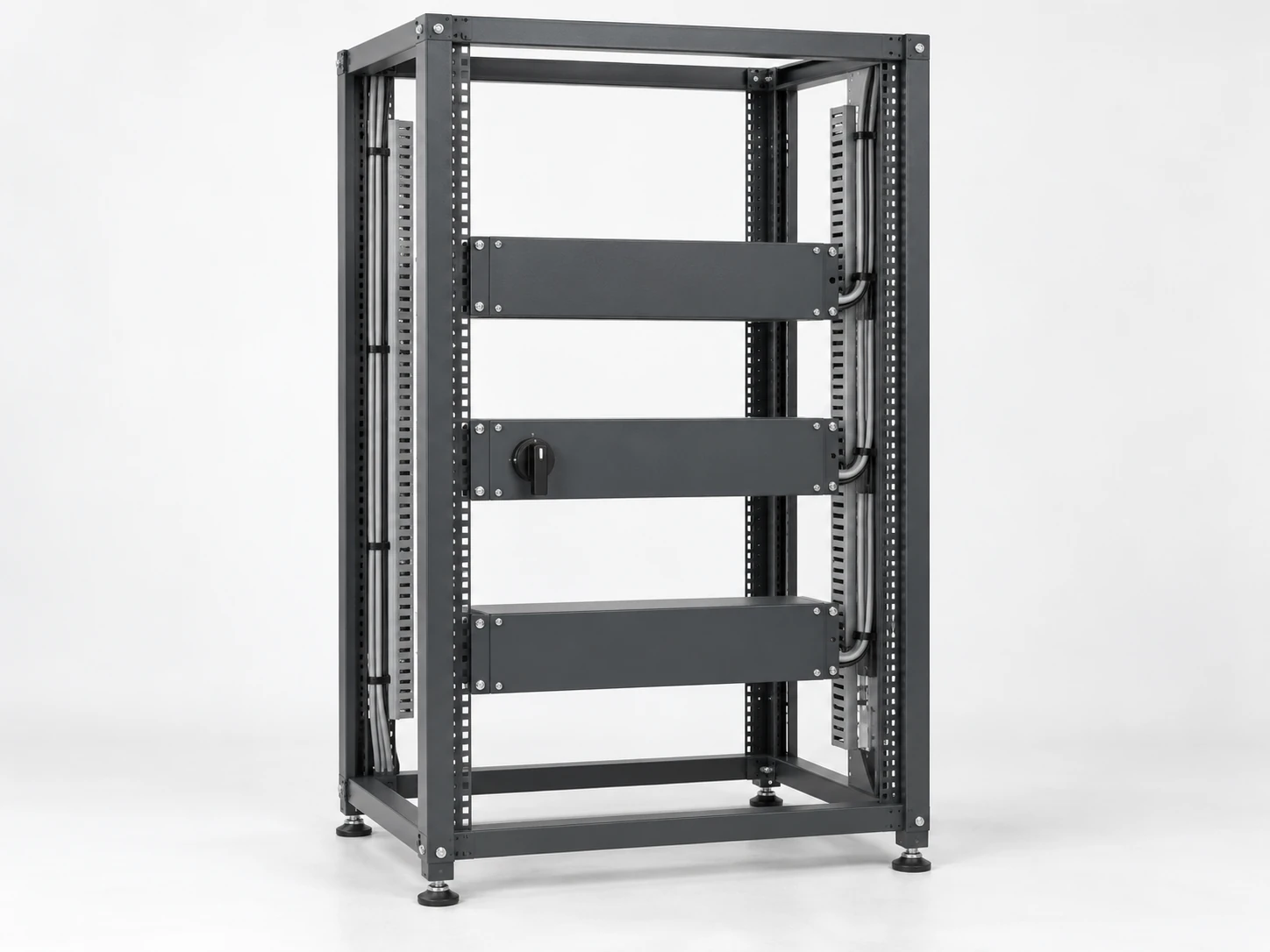 Rack-mounted electrical interface panels with enclosed connection space and cable routes