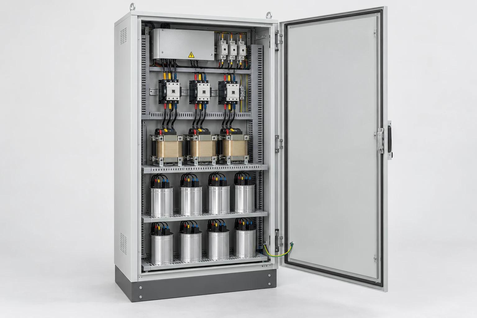 Open compensation cabinet with capacitor banks and organized switching components