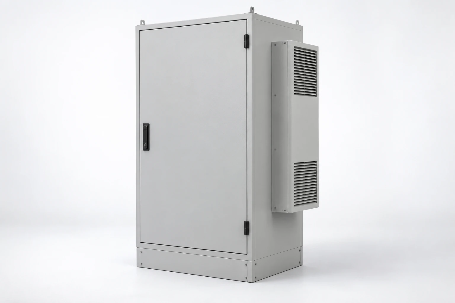 Closed electrical cabinet with a side-mounted cooling unit and ventilation grilles
