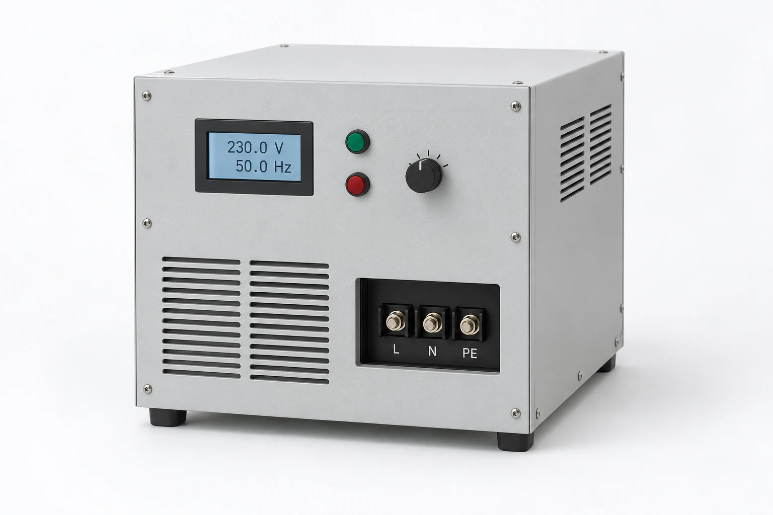 Single-phase AC source concept with an output display and L, N and PE connections