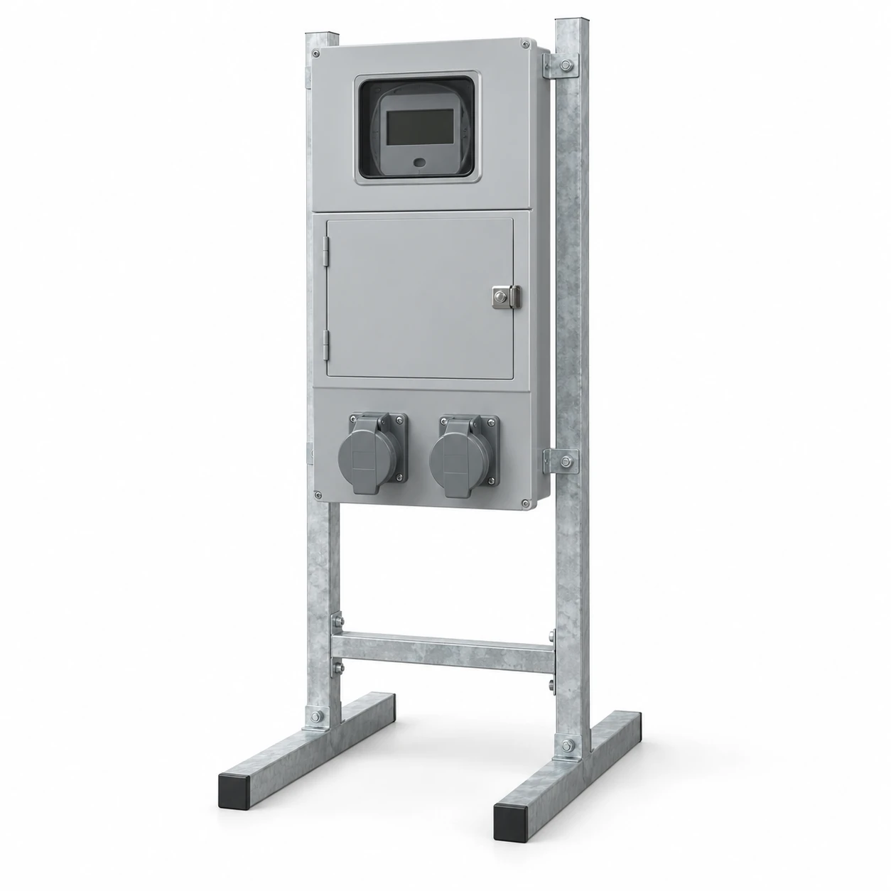 Freestanding temporary metering panel with protected equipment sections and covered outlets