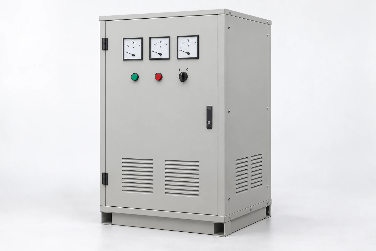 Three-phase voltage-stabilizer cabinet with three front meters and ventilation grilles