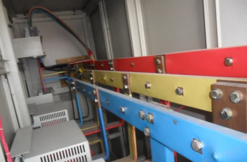 Three busbars inside a low-voltage panel